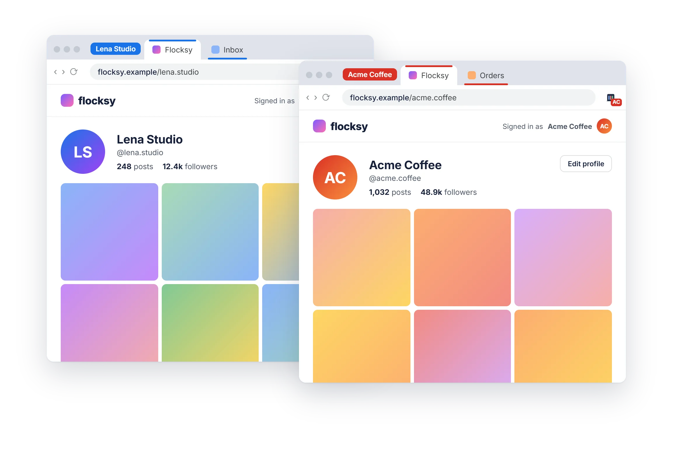 Two browser windows showing the same social site, one signed in as Lena Studio in a blue tab group, the other as Acme Coffee in a red one.
