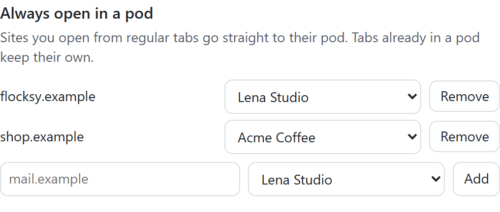 TabPods settings: flocksy.example always opens in Lena Studio, shop.example in Acme Coffee.